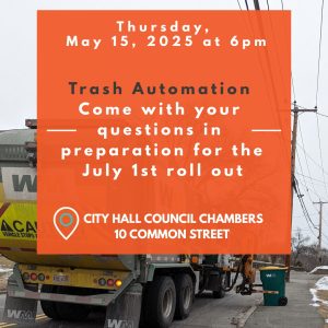 Picture of trash truck overlaid with text about the meeting location and time.