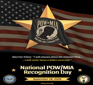 American flag backdrop with a gold star and POW-MIA flag recognizing September 18th 2026 as National POW-MIA Recognition Day